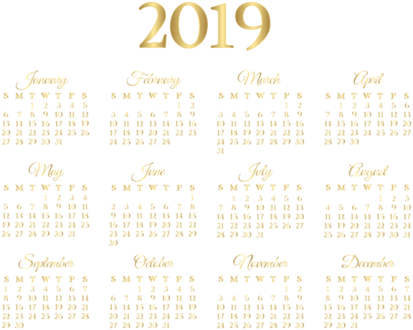 Free Png 2019 Calendar Gold Png - 2019 Calendar In Gold Clipart (850x678), Png Download