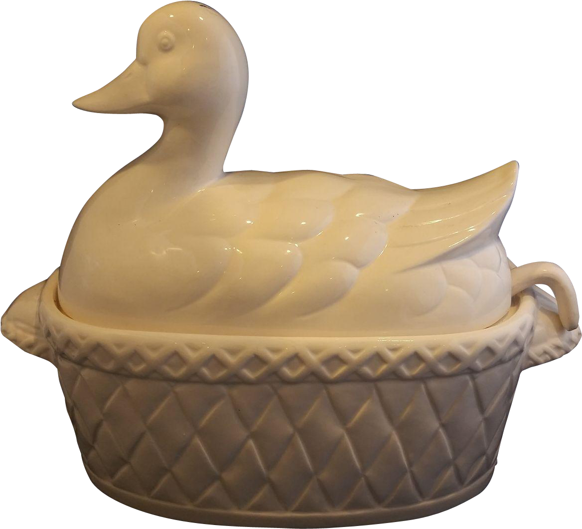 White Duck Soup Gravy Tureen Pottery Signed Japan American Black Duck