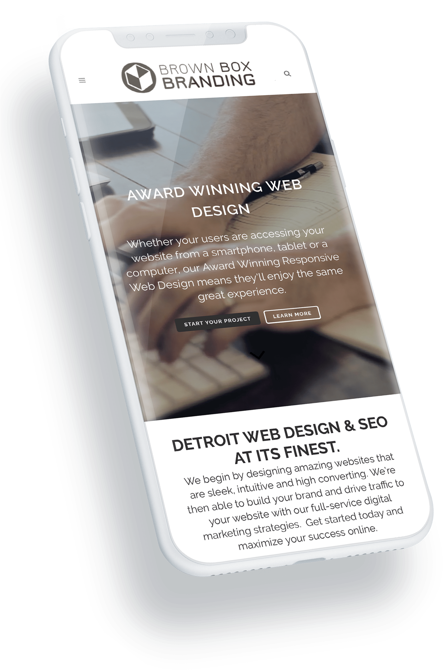 Detroit Web Design Mockup On Iphone - Iphone Clipart (1687x2400), Png Download