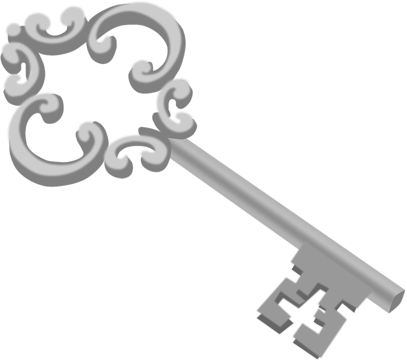 Decorated Key Lock Metal Silver - Silver Key Transparent Background Clipart (814x720), Png Download