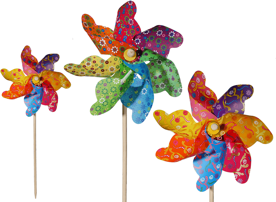 Windmill With Multicoloured Flower Decor On Wooden - Pinwheel Clipart (945x709), Png Download