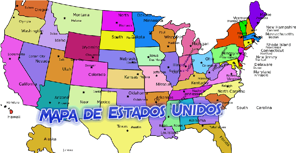 Mapa De Estados Unidos - Map Of Usa With Names And Capitals Clipart (980x498), Png Download