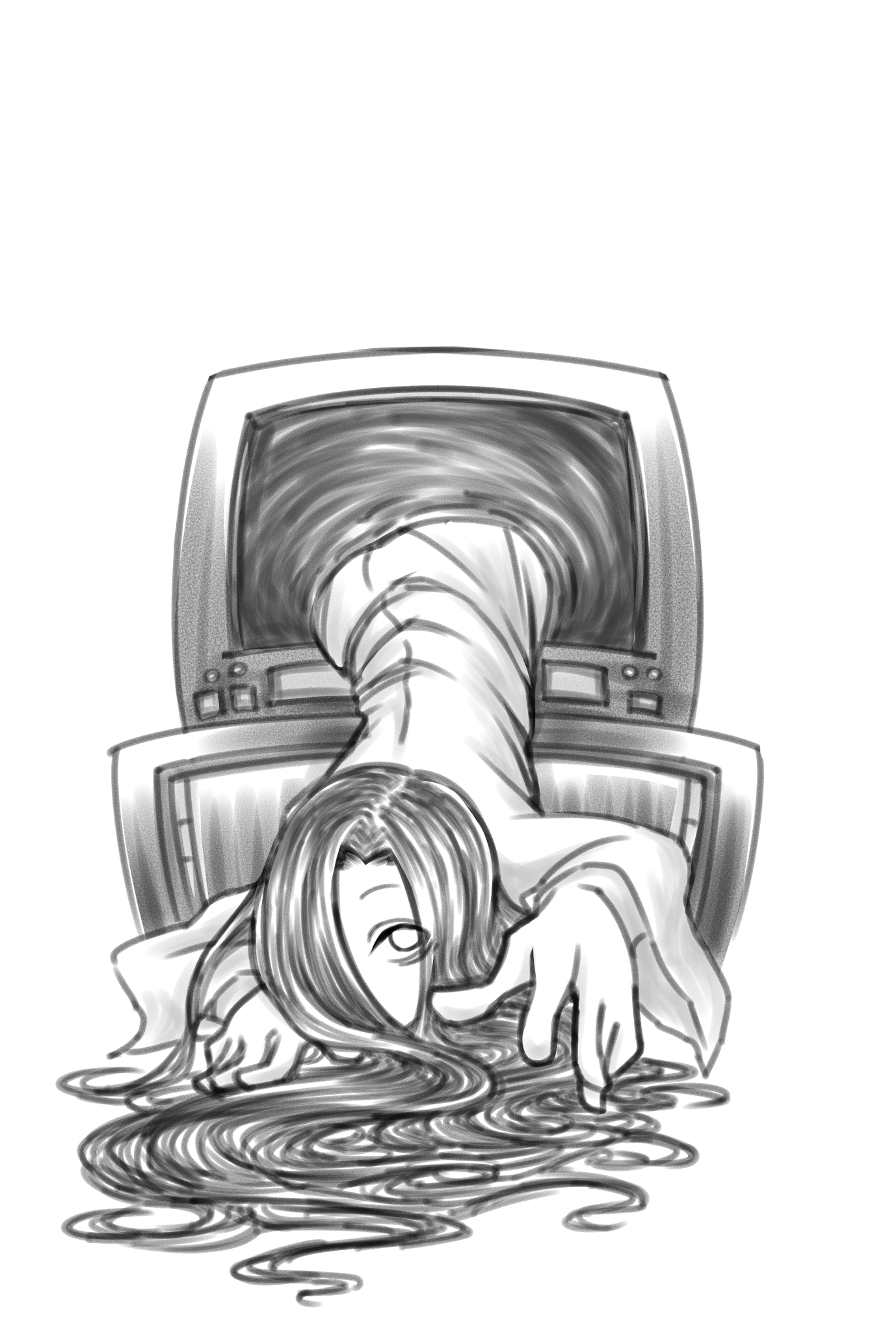 Television, Television Set, Ghost, Visual Arts, Angle - Crawling Out Of Tv Drawing Clipart (1378x2039), Png Download