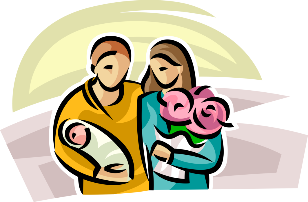 Vector Illustration Of Proud Parents With Newborn Infant - Illustration Clipart (1063x700), Png Download