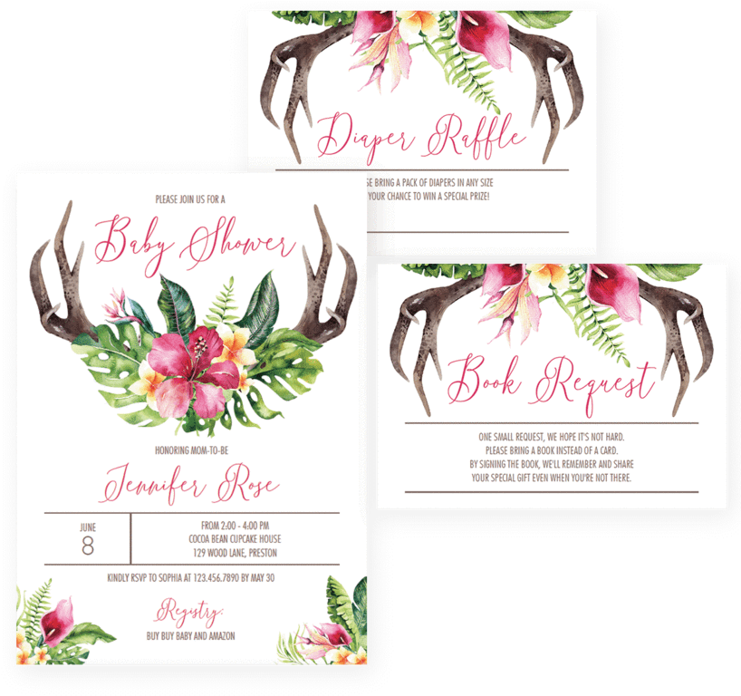 Floral Antler Baby Shower Invitation Set Download By - Boho Baby Shower Invite Clipart (818x768), Png Download