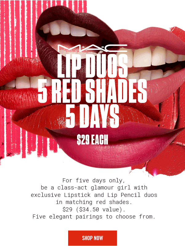Mac 5 Red Shades, 5 Days For Five Days Only, - Mac Lip Duos Clipart (600x796), Png Download