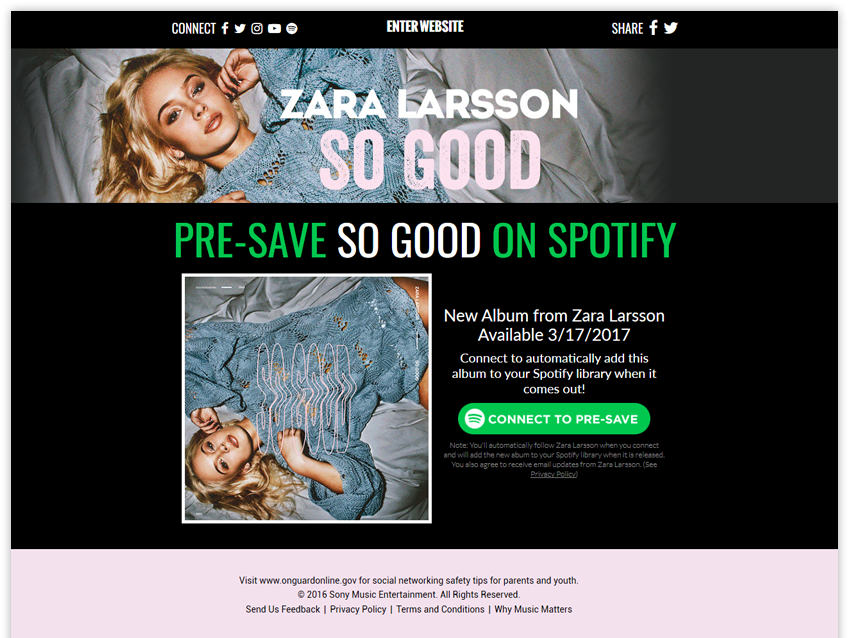 Zara Larsson So Good Michele Presave For Spotify - Pre Save Page Spotify Clipart (1200x650), Png Download