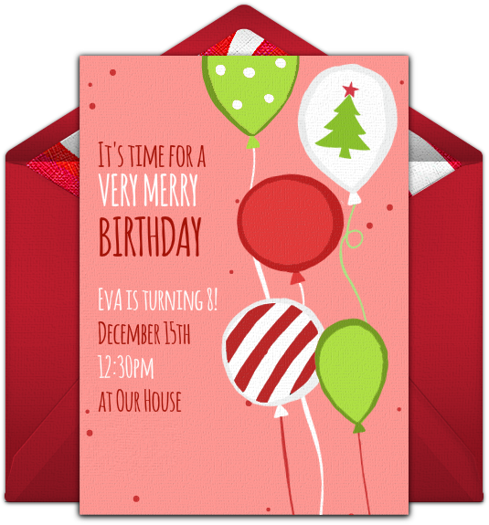 Christmas Birthday Balloons Online Invitation - Greeting Card Clipart (650x650), Png Download