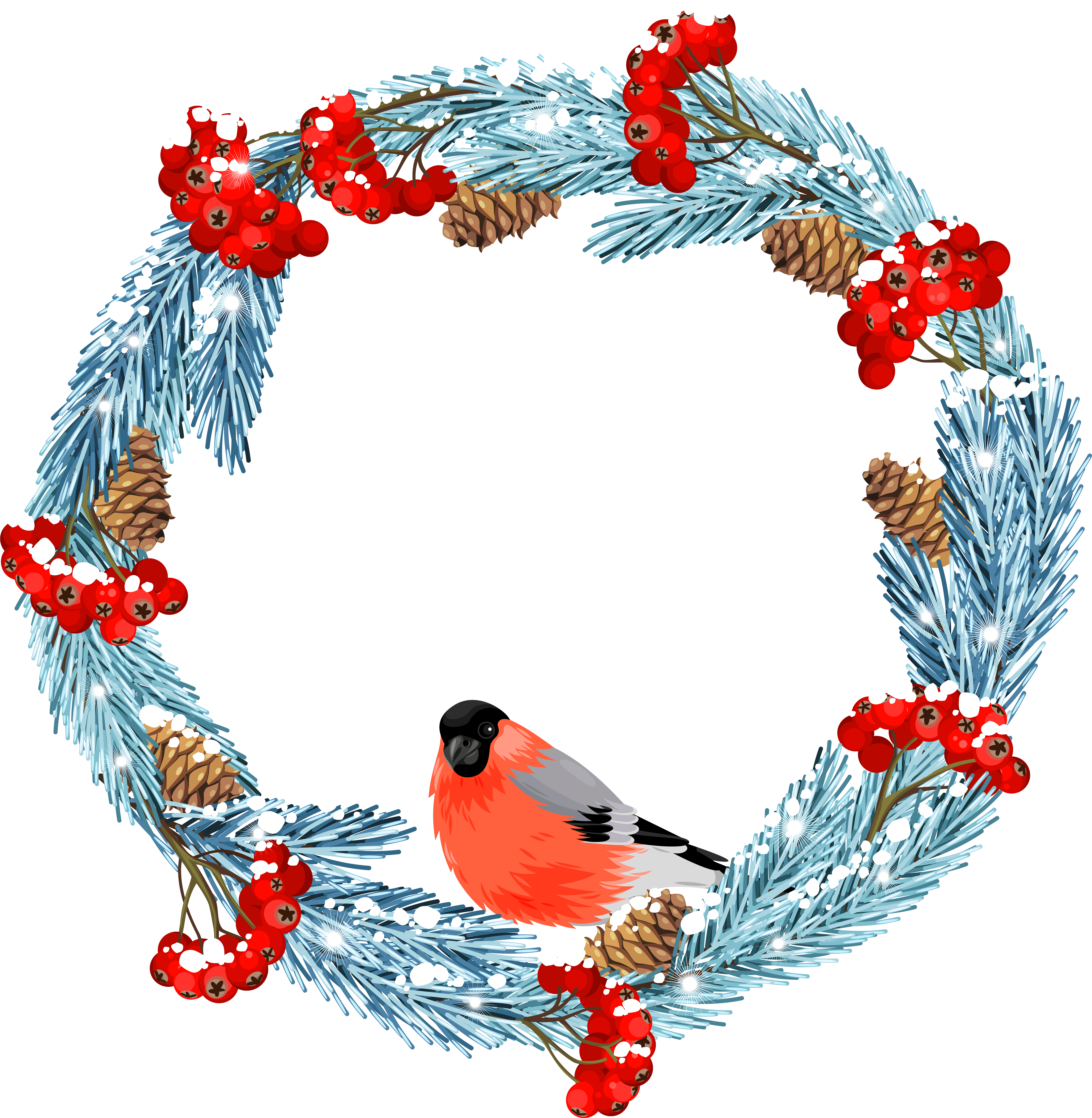 Blue Winter Wreath With Bird Png Clip Art Image - Transparent Winter Wreath Clipart (6295x6443), Png Download