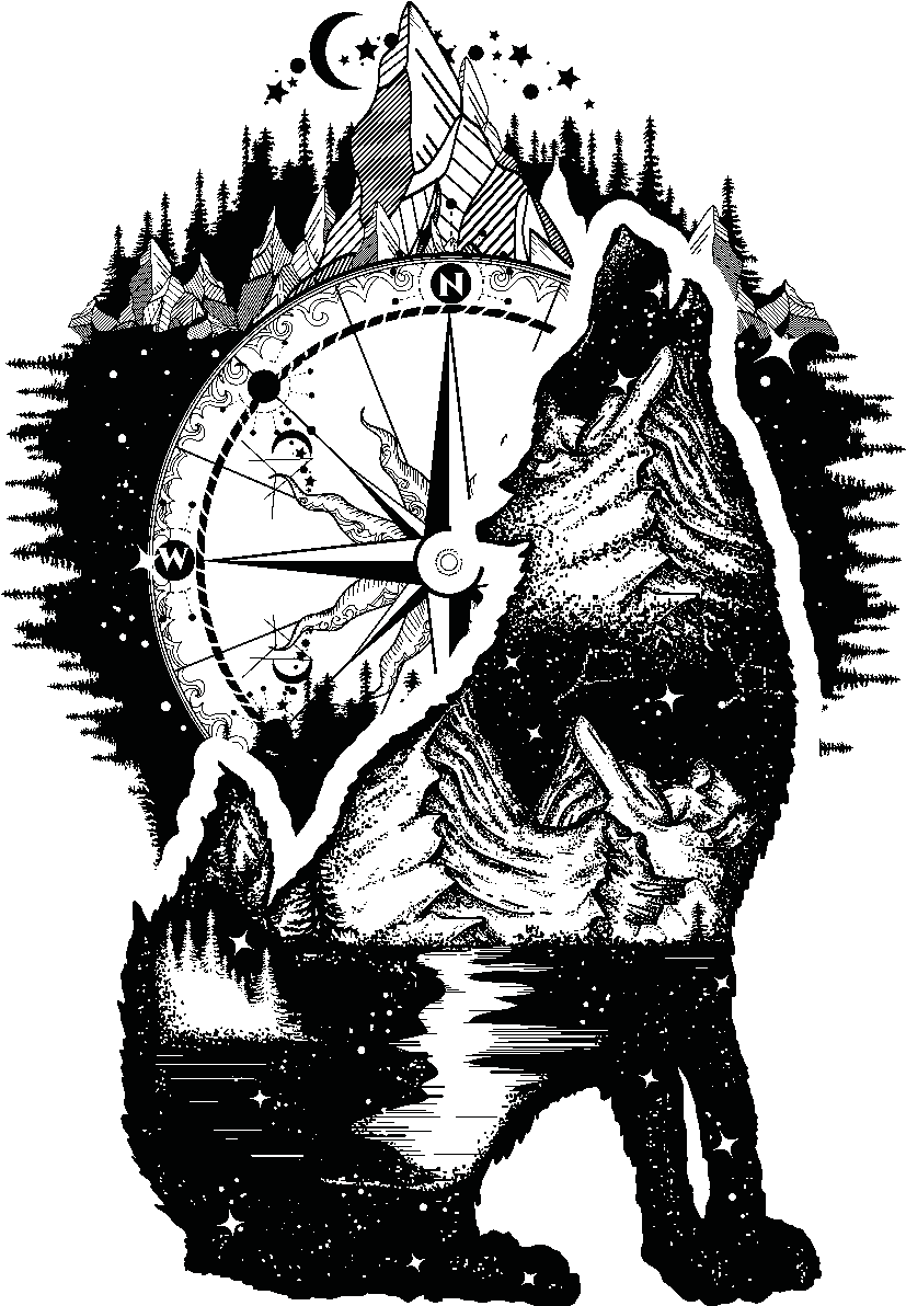Gray Wolf, Tattoo, Tattoo Artist, Black And White, - Wind Rose Tattoo Design Clipart (1200x1200), Png Download