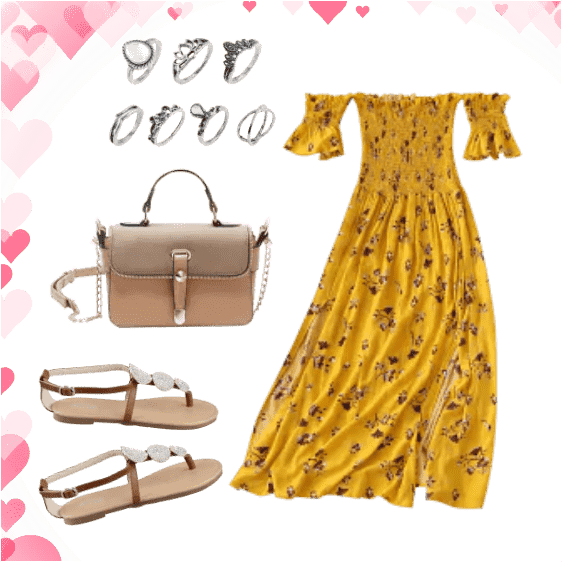 Yellow Floral Off Shoulder Dress Clipart (562x562), Png Download