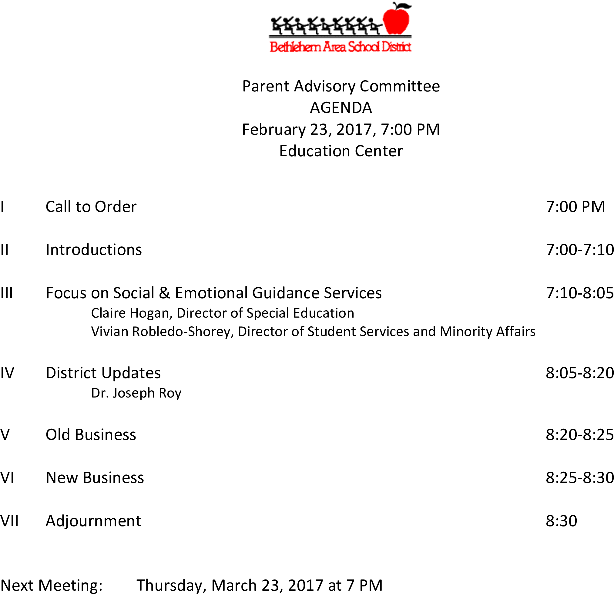 Parent Advisory Committee Agenda - Bethlehem Area School District Clipart (2550x3300), Png Download