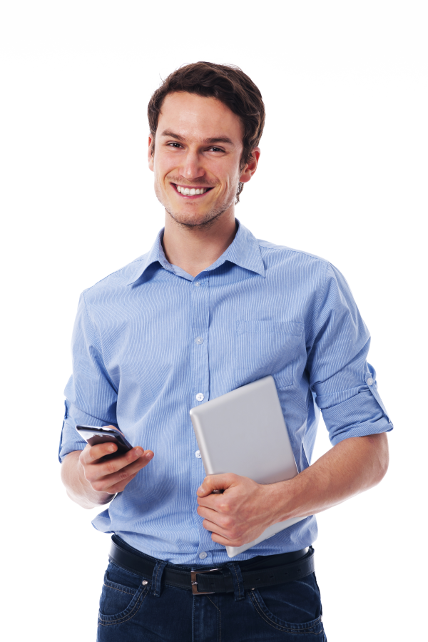 Happy Men Transparent Background Png - Man Using Smartphone Png Clipart (600x900), Png Download