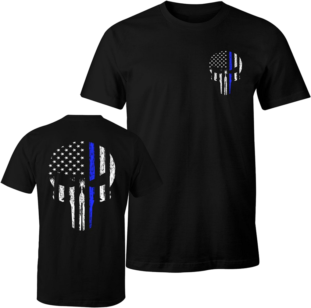 Thin Blue Line Shirt T Punisher Skull Decal Sticker - Blue Stripe American Flag Shirt Clipart (1024x1021), Png Download