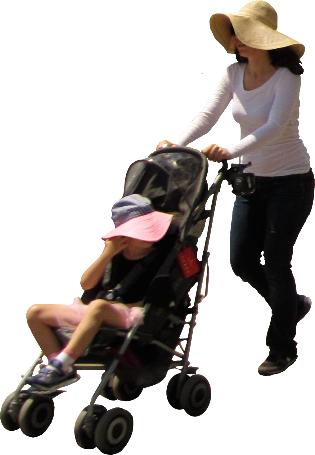 Mother With Walker/buggy, Pushing Her Child Along On - Png Walking Child Clipart (1015x1463), Png Download