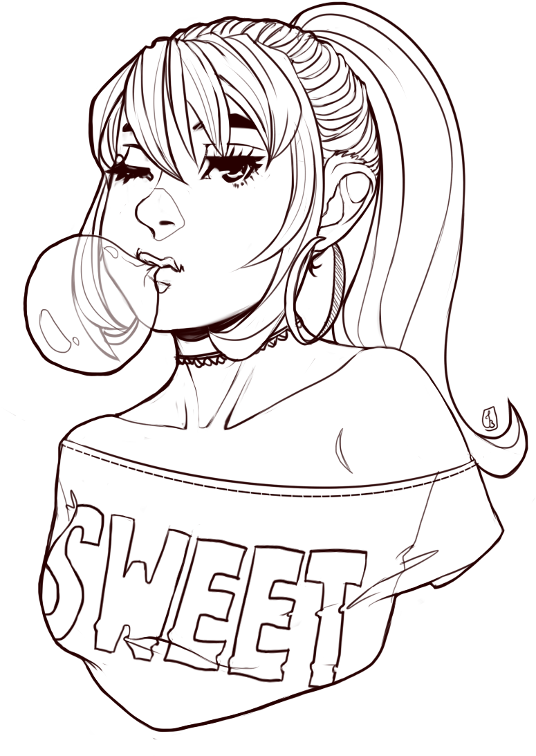 Svg Library Bust Shot Lineart Bubblegum Girl By Moustachi - Chewing Bubble Gum Drawing Clipart (800x1100), Png Download