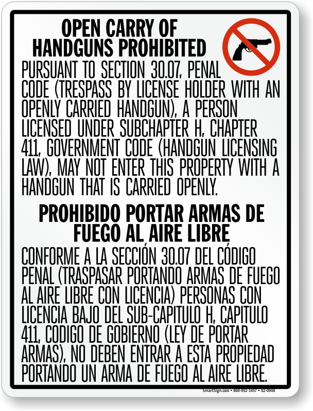 Bilingual No Open Carry Sign, Texas - Concealed Carry Texas Clipart (608x800), Png Download