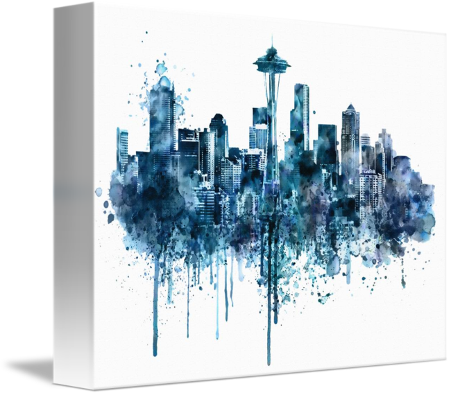 "seattle Skyline Monochrome Watercolor" By Marian Voicu, - Seattle Skyline Art Clipart (650x570), Png Download