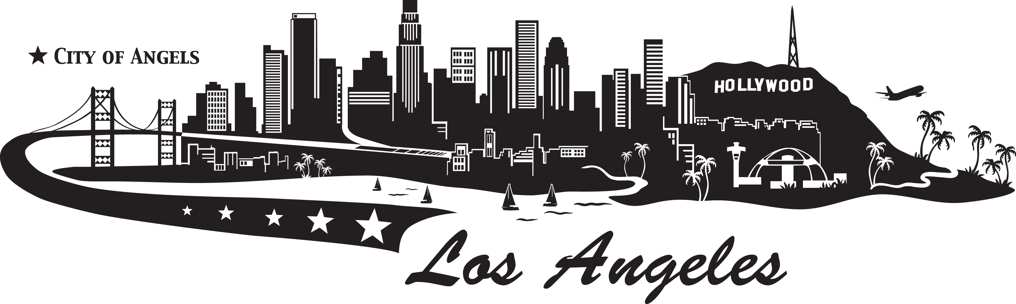 3500 X 1047 18 - Los Angeles Skyline Black Clipart (3500x1047), Png Download