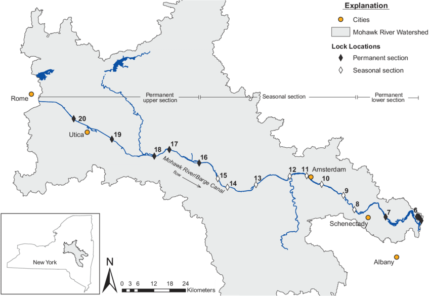 Map Of The Mohawk River Watershed Showing The Locations - Mohawk River Lock Map Clipart (850x585), Png Download