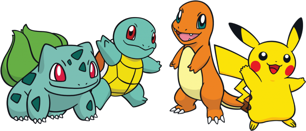 Pokemon Starters Png - Pikachu Charmander Squirtle Bulbasaur Png Clipart (1024x467), Png Download