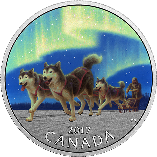 *dog Sledding Under The Northern Lights - Northern Lights Coin 2017 Clipart (570x570), Png Download