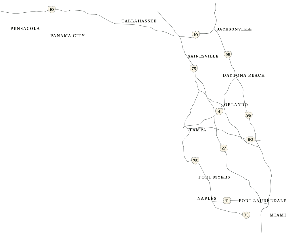 Florida Map Displaying Roads And Cities - Map Clipart (1200x1016), Png Download