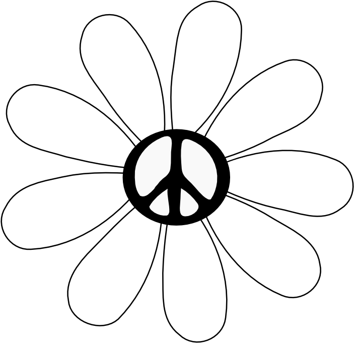 Peace Sign With Flowers - Hippie Symbols Black And White Clipart (777x740), Png Download