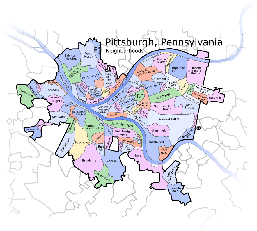 Pittsburgh Pennsylvania Neighborhoods Fade - Pittsburgh Pennsylvania City Map Clipart (972x798), Png Download