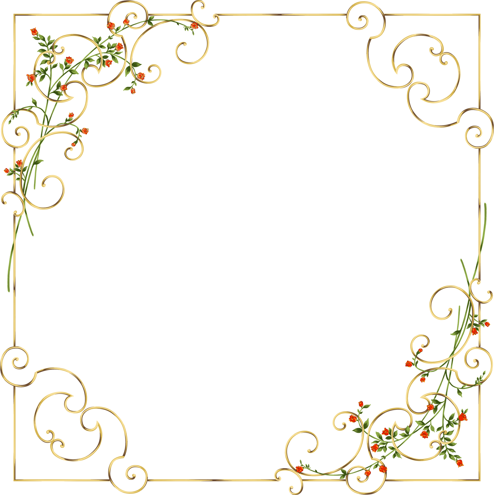 Gold Frame With Delicate Wild Flowers - Golden Floral Border Png Clipart (1598x1600), Png Download