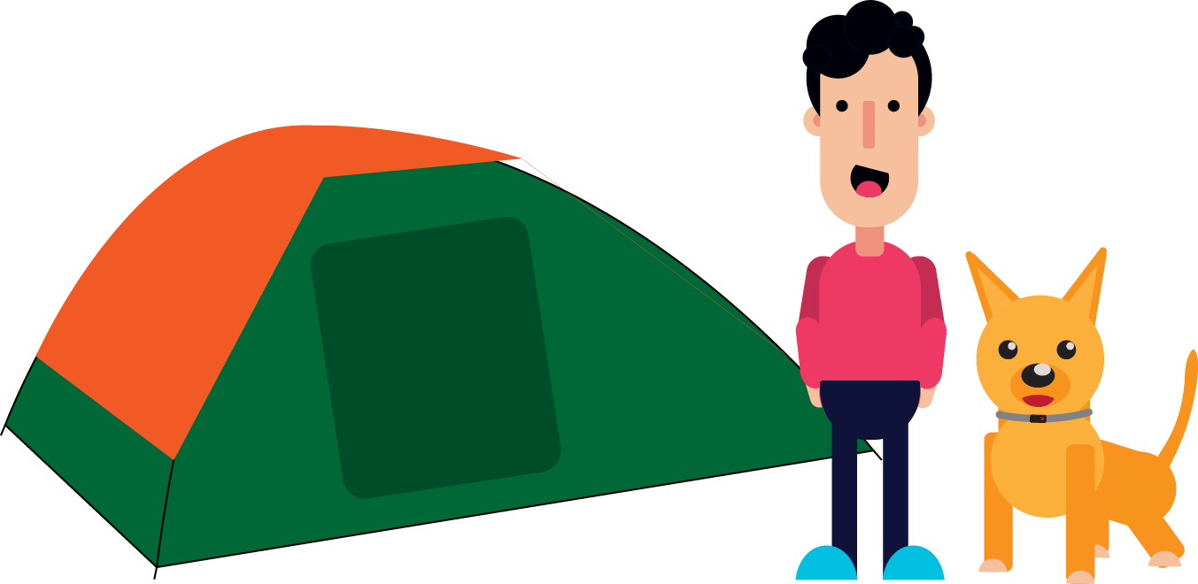 Camping With Dog - Cartoon Clipart (1353x660), Png Download