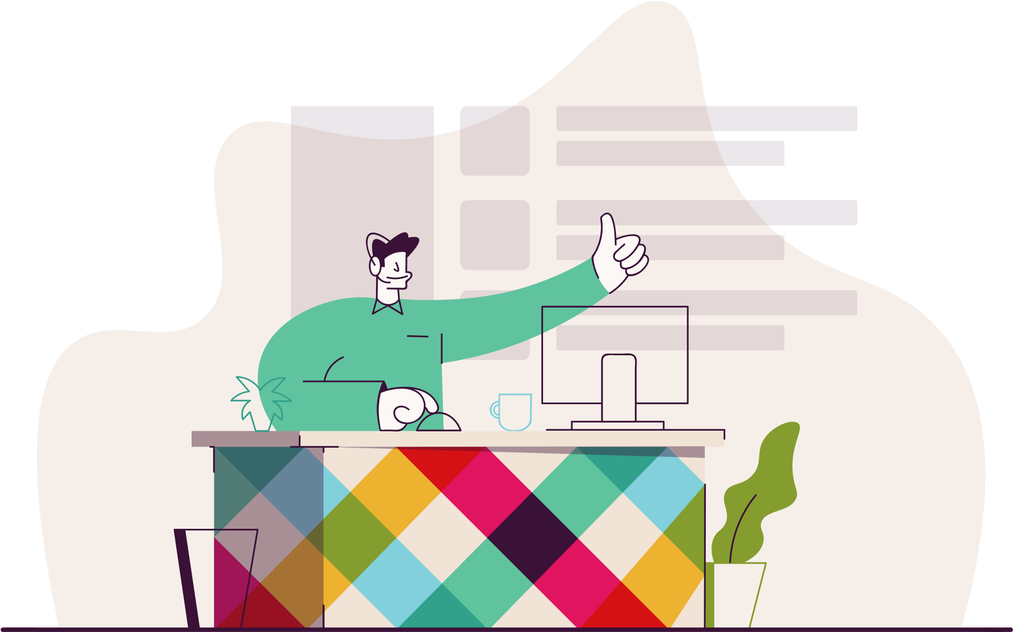 Illustration Of Support Team Member Sitting At A Slack-styled - Cartoon Clipart (1996x1242), Png Download