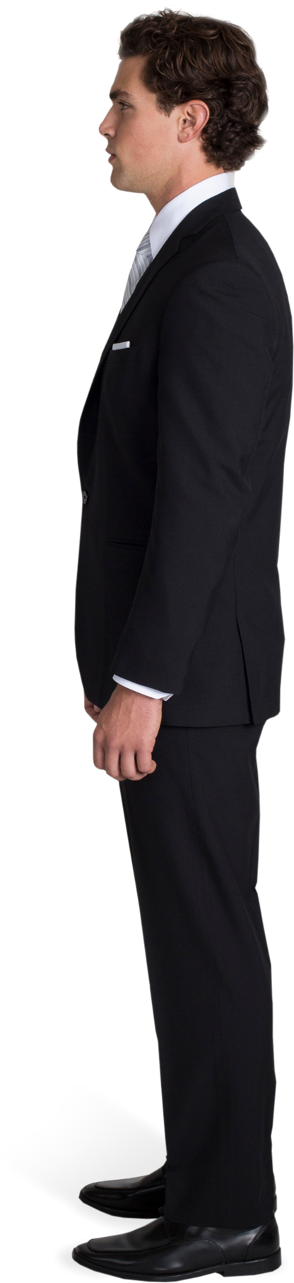 Black Notch Lapel Suit With Silver Tie - Man Black Suit Side Clipart (1188x1980), Png Download