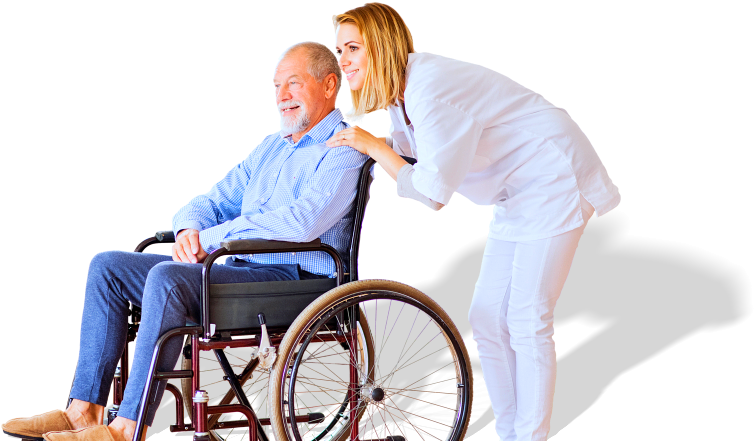 Old Man In A Wheelchair Assisted By Her Caregiver - Old Man Wheelchair Png Clipart (876x442), Png Download