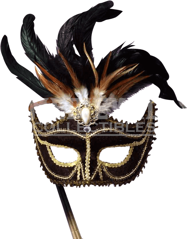 Masquerade Masks Png - Gold Black Masquerade Mask With Stick Clipart (850x850), Png Download