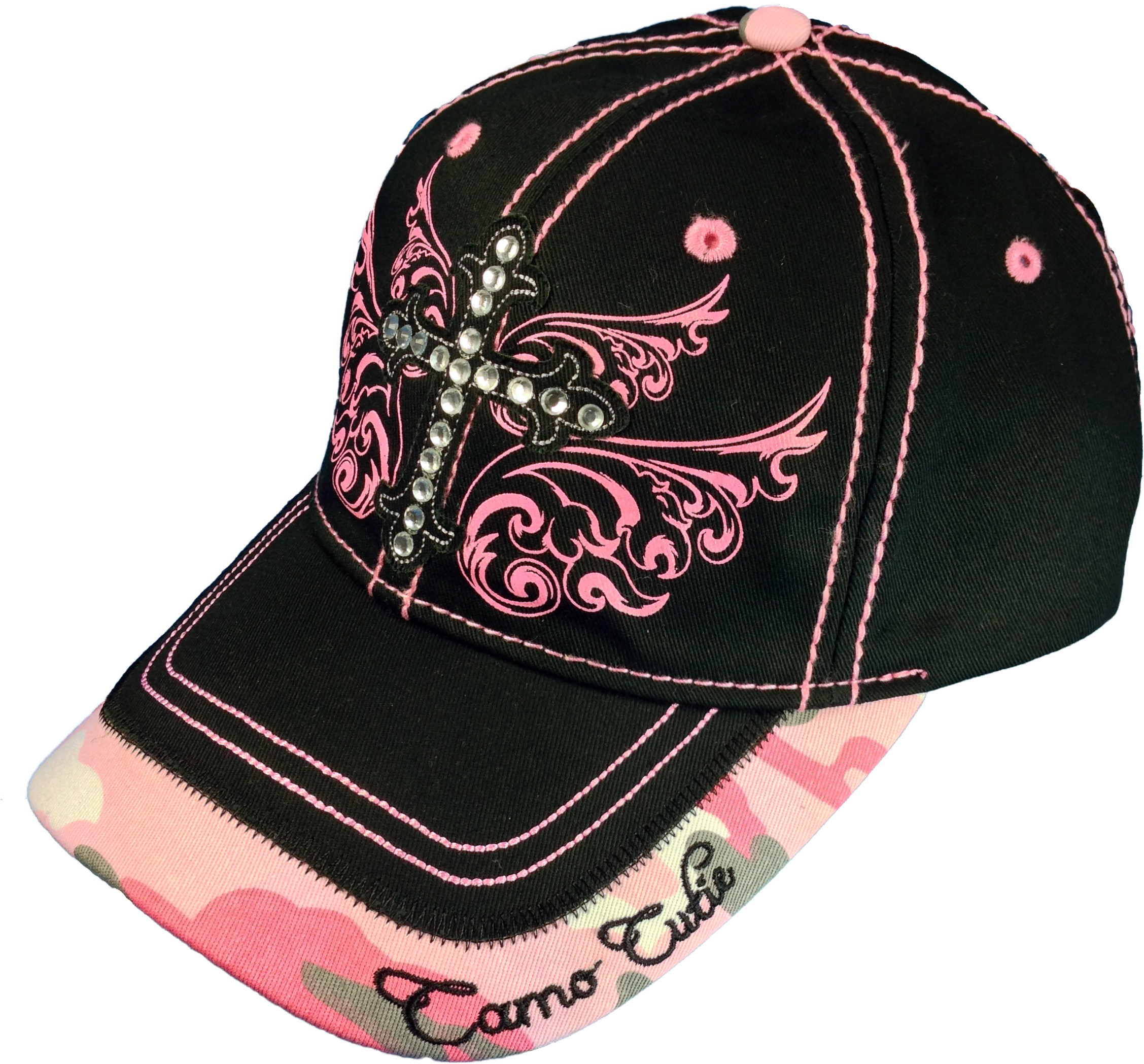 Camo Cutie Cap Ladies Black Pink Rhinestone Cross Ball - Baseball Cap Clipart (2332x2176), Png Download