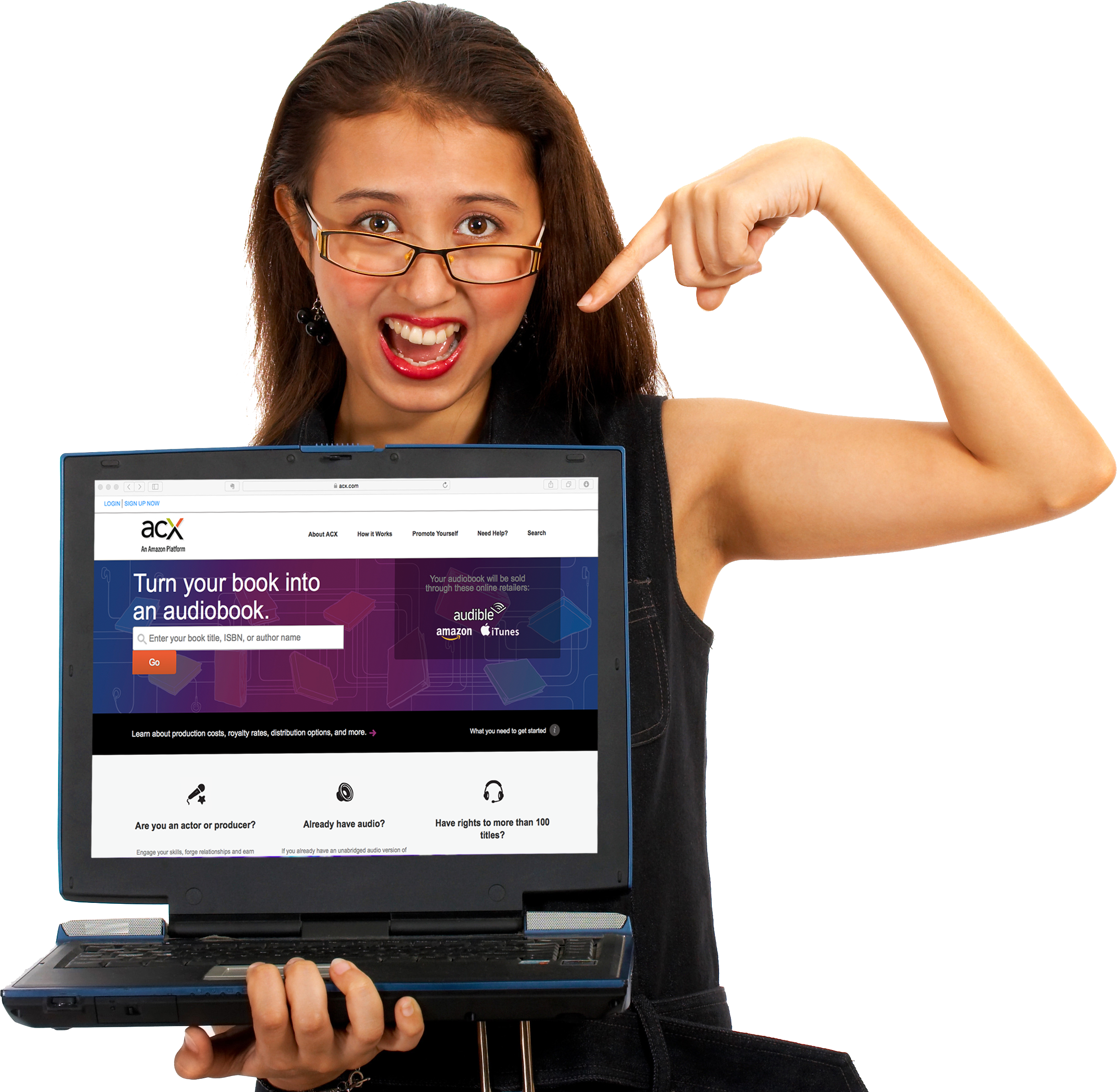 Girl Holding Laptop With Acx On The Screen - Stock Photography Clipart (2445x2391), Png Download