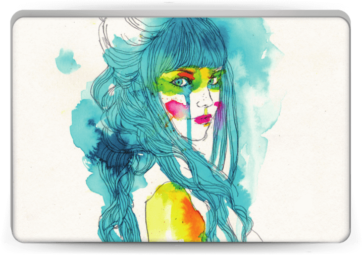 Girl In Blue Skin Laptop - Watercolour And Line Drawing Clipart (800x533), Png Download