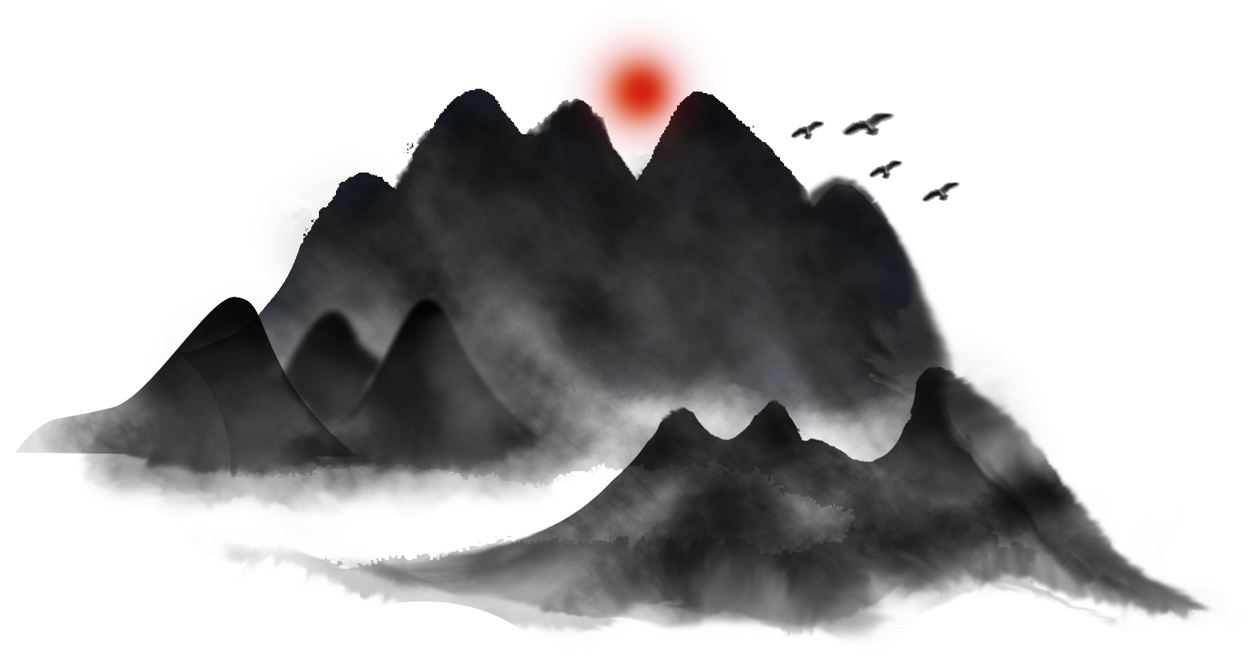 Chinese Style Ink Mountain Bird Landscape Painting - Landscape Painting Clipart (2000x2000), Png Download