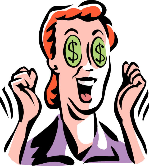 Vector Illustration Of Businesswoman With Cash Money - Person With Dollar Signs In Their Eyes Clipart (629x700), Png Download