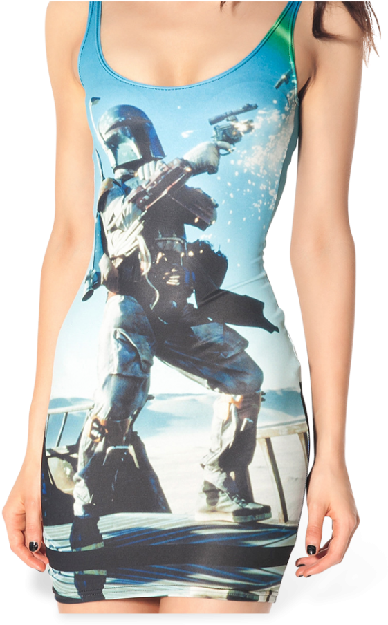 "boba Fett's Last Stand" Dress By Black Milk, Detail - T Shirt Boba Fett Woman Clipart (640x959), Png Download