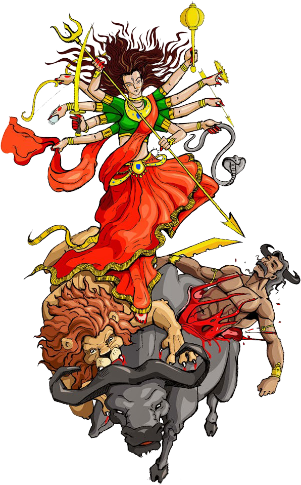 Navratri Png Image - Durga Killing Mahishasura Drawing Clipart (670x976), Png Download