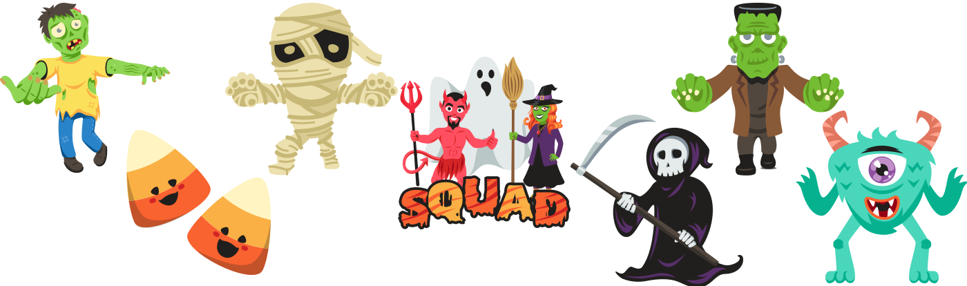 The Whole Halloween Squad Is Here - Cartoon Clipart (1400x414), Png Download