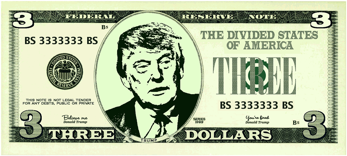 Rendering Of A Three Dollar Bill Showing Donald Trump - Donald Trump 3 Dollar Bill Clipart (960x464), Png Download
