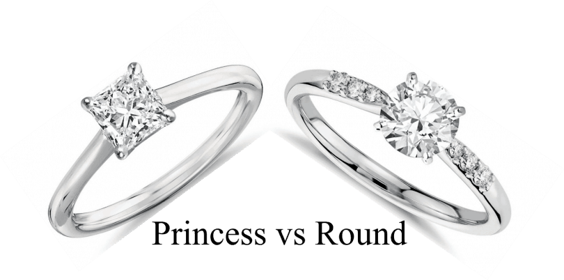 Princess Vs Round Shape Diamond Side By Side - Diamond And Sapphire Engagement Rings Clipart (810x402), Png Download