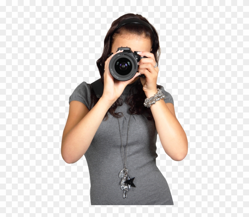 Cute Young Woman In Gray Dress With Digital Photo Camera - Girl With Camera Png Clipart