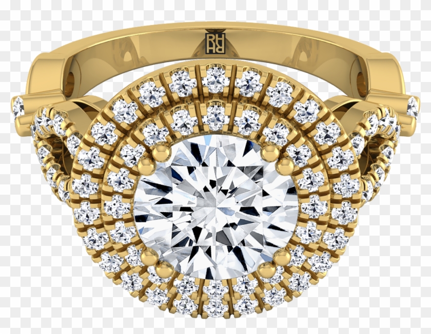Round Diamond Double Halo Engagement Ring 18k Yellow - Ring Clipart #1004590