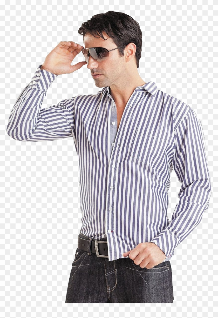 White & Cyan Strip Long Dress Shirt - Man Shirt Png Img Clipart