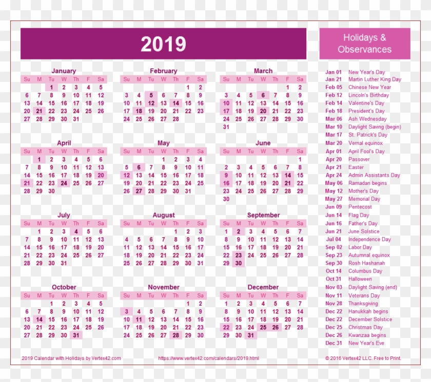 Calendar 2019 Pink Png - 2019 Calendar With Holiday List Clipart #1030540