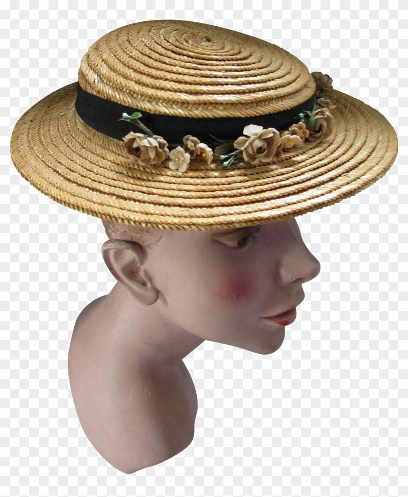 Mid Century Summer Straw Hat With Flower Swag By Fisk - Girl Clipart